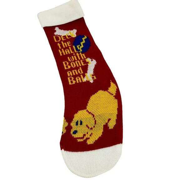 Vintage Knit Dog Christmas Stocking Deck the Halls with Bones and Balls 22" - Picture 1 of 2